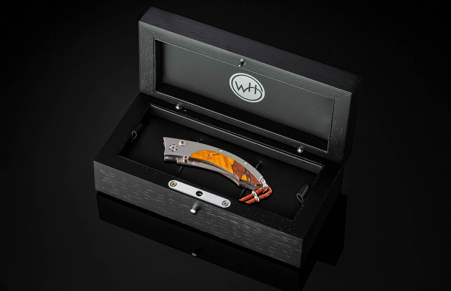 William Henry Titanium pocketknife featuring yellow spalted beechwoodand 'copper wave' damascus blade B11 YELLOW CURVE