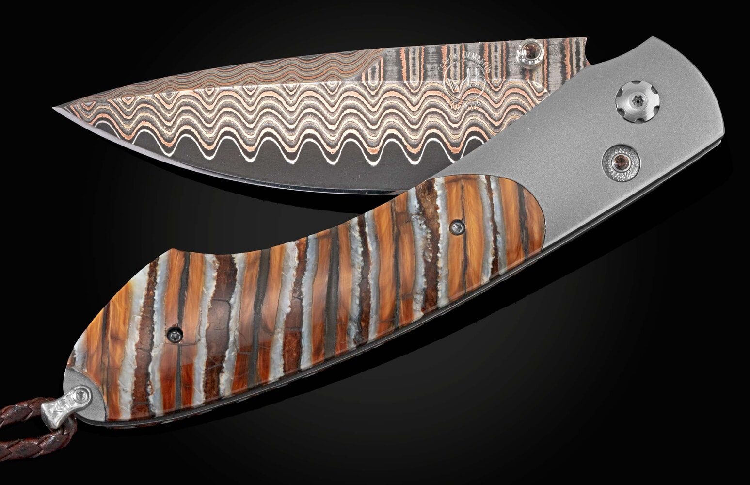 William Henry Titanium folding knife with fossil woolly mammoth tooth scales and copper wave blade B12 ALASKA KNIFEWORKS 25TH