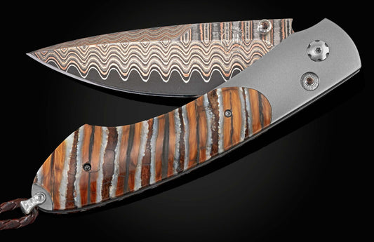 William Henry Titanium folding knife with fossil woolly mammoth tooth scales and copper wave blade B12 ALASKA KNIFEWORKS 25TH