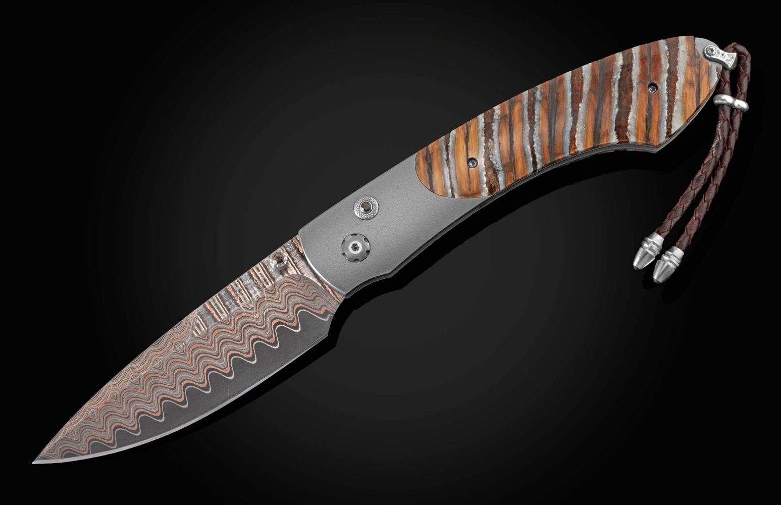 William Henry Titanium folding knife with fossil woolly mammoth tooth scales and copper wave blade B12 ALASKA KNIFEWORKS 25TH