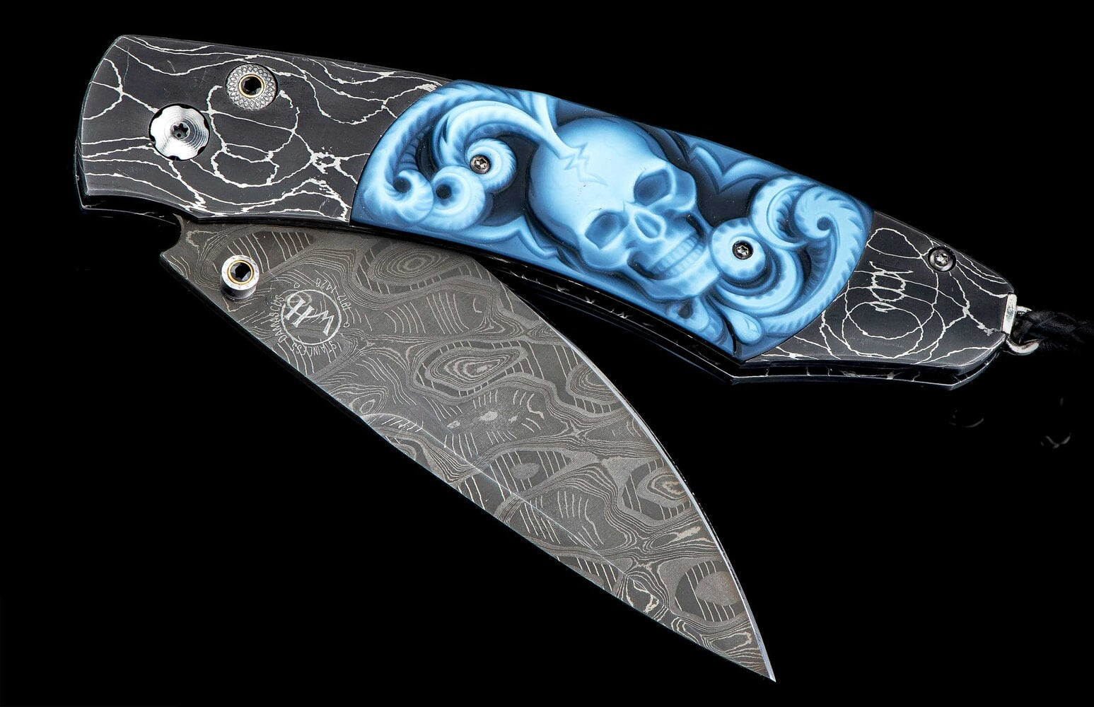 William Henry Pocketknife featuring etched damascus, carved banded agate, and damascus blade B12 BELFRY