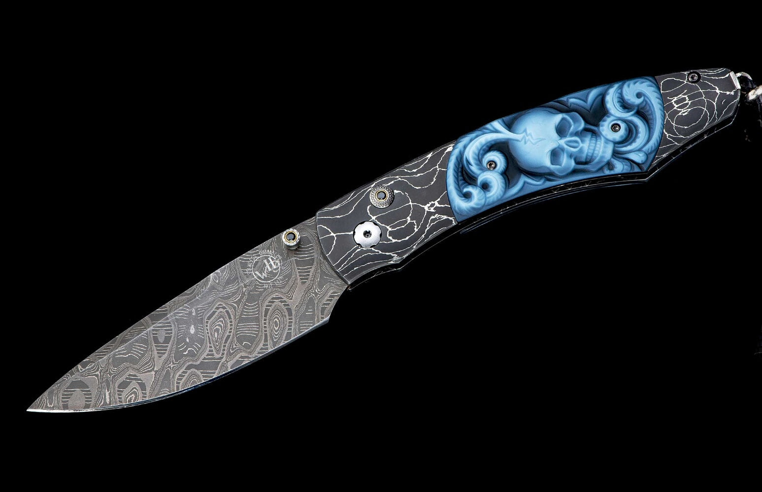 William Henry Pocketknife featuring etched damascus, carved banded agate, and damascus blade B12 BELFRY