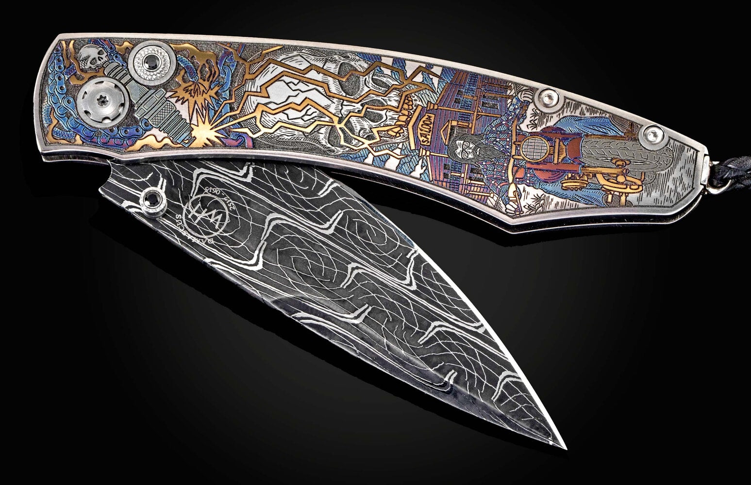 William Henry Folding pocket knife with color laser engraving and hand-forged damascus blade B12 BIKER
