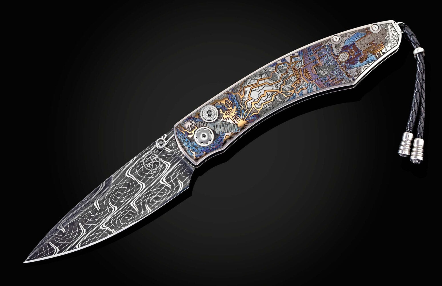 William Henry Folding pocket knife with color laser engraving and hand-forged damascus blade B12 BIKER