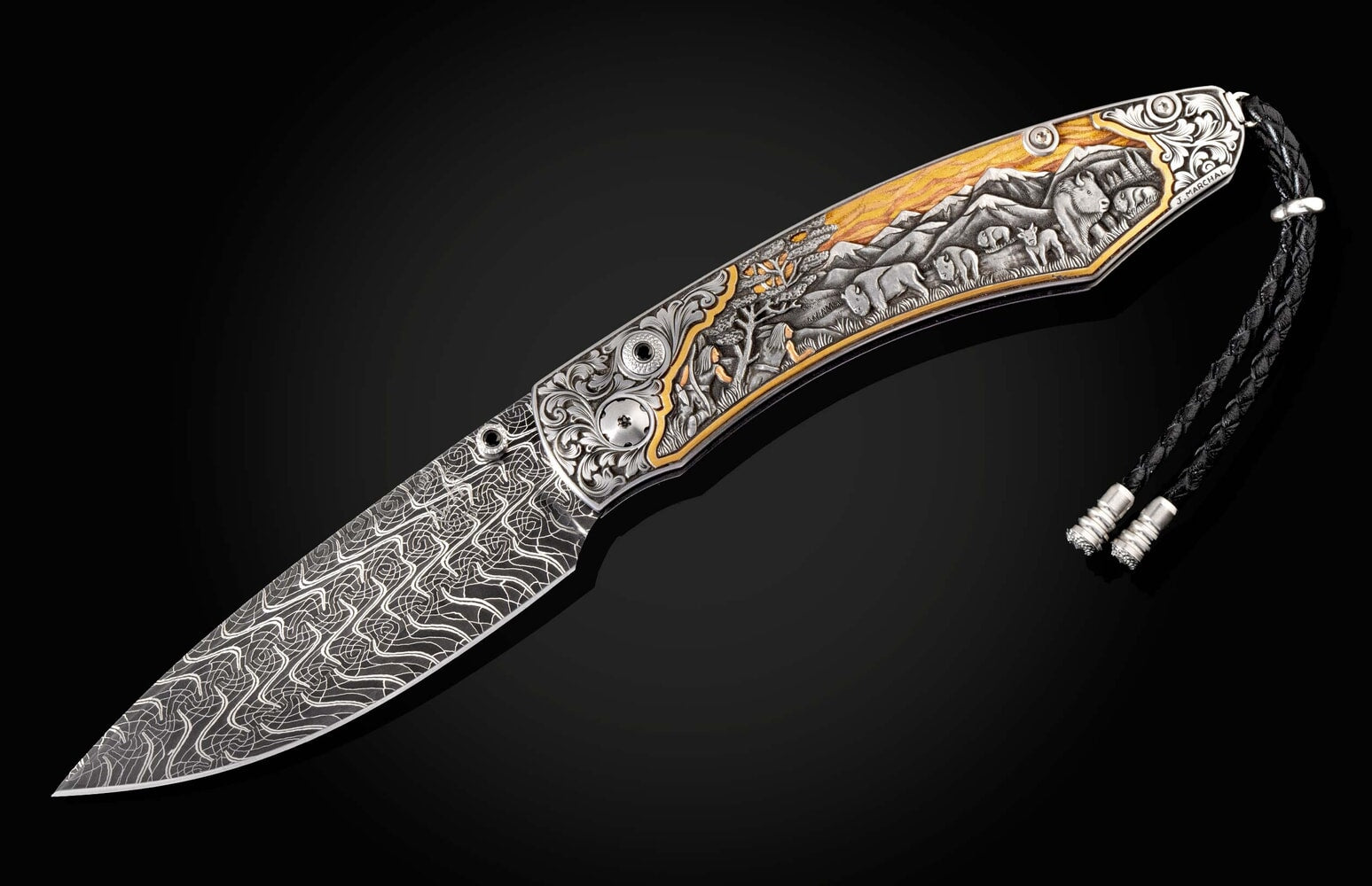 William Henry Hand-engraved pocket knife with gold, platinum, copper and damascus B12 BISON HUNT
