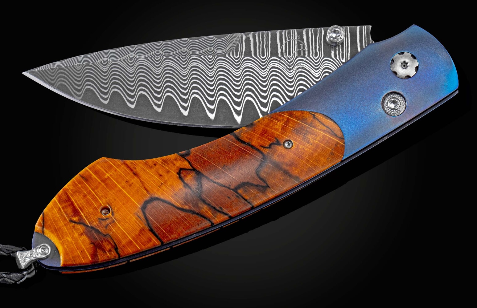 William Henry Titanium pocketknife featuring spalted beech woodand 'wave' damascus blade B12 BLUE BEECH