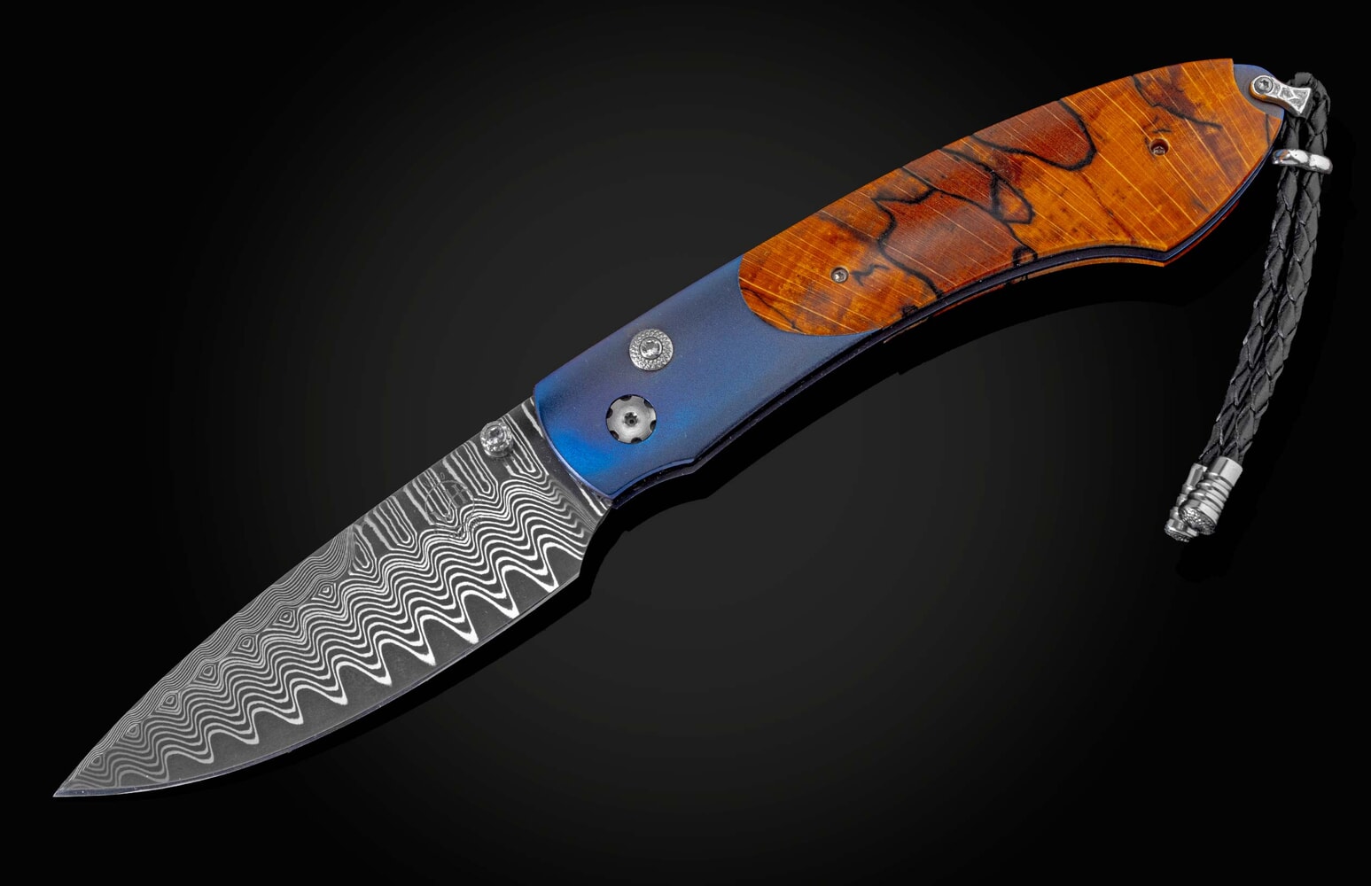 William Henry Titanium pocketknife featuring spalted beech woodand 'wave' damascus blade B12 BLUE BEECH