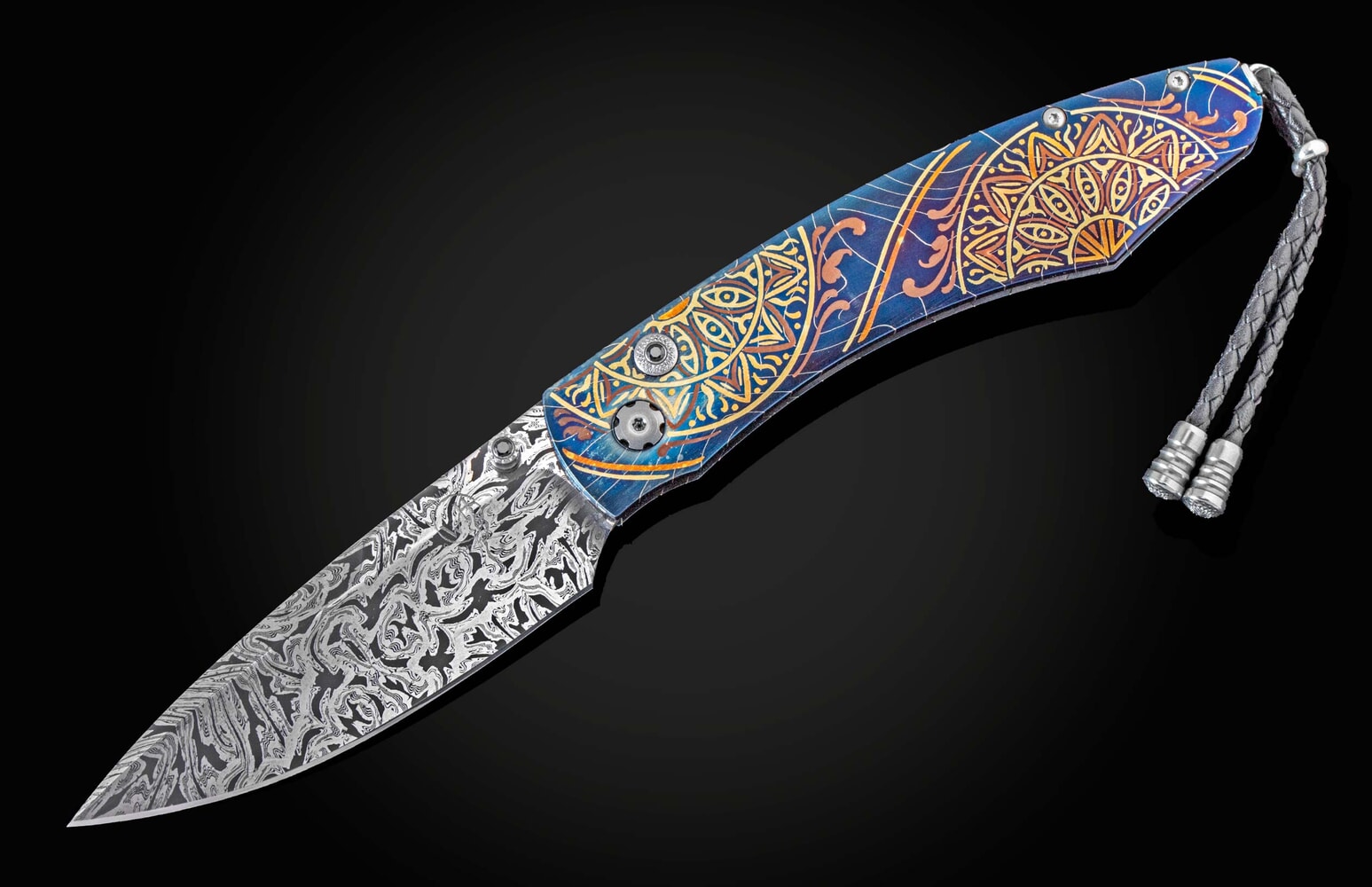 William Henry Hand-engraved pocketknife with gold and copper inlays and damascus blade B12 BLUE MANDALA