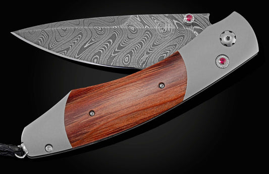 William Henry Folding knife with hand-forged damascus, and wood from Ohio University stadium. B12 BUCKEYE