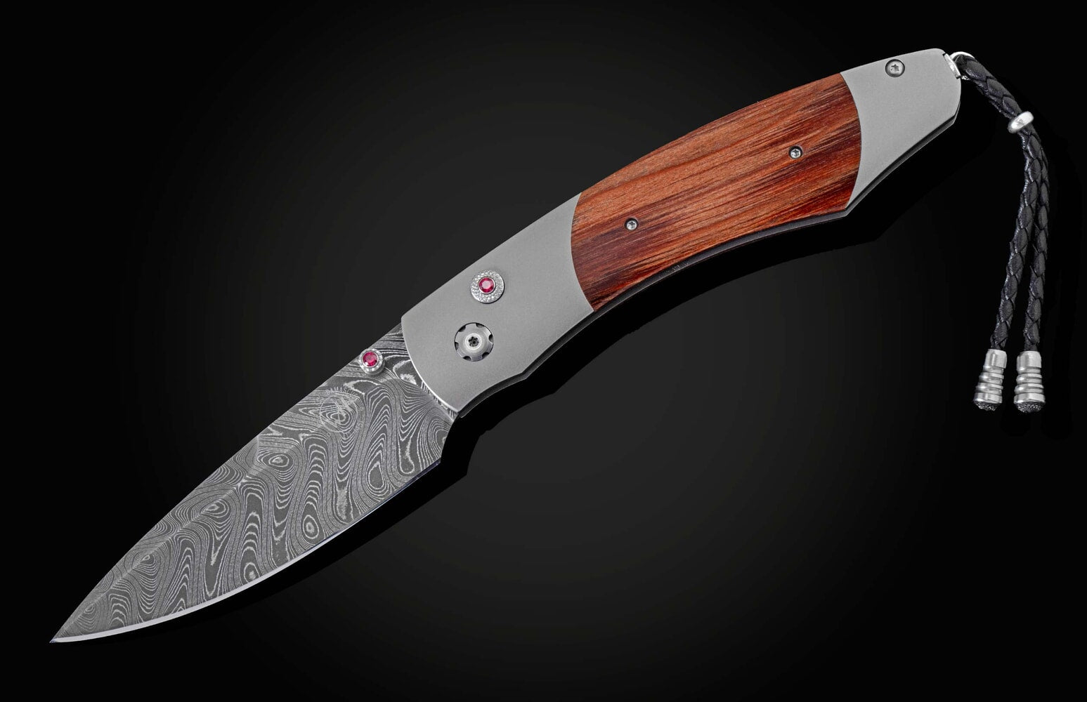 William Henry Folding knife with hand-forged damascus, and wood from Ohio University stadium. B12 BUCKEYE