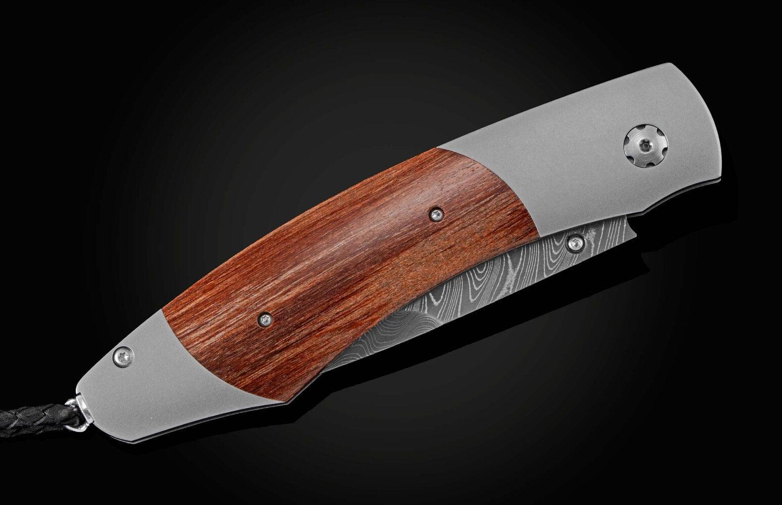 William Henry Folding knife with hand-forged damascus, and wood from Ohio University stadium. B12 BUCKEYE