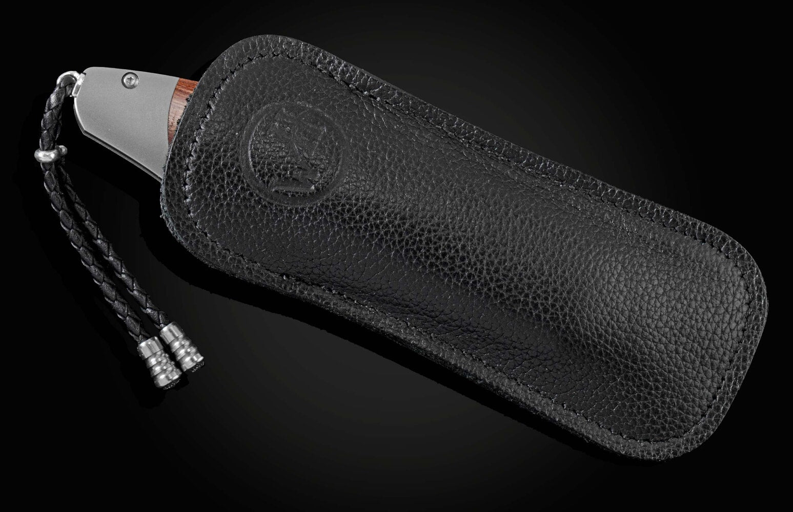 William Henry Folding knife with hand-forged damascus, and wood from Ohio University stadium. B12 BUCKEYE