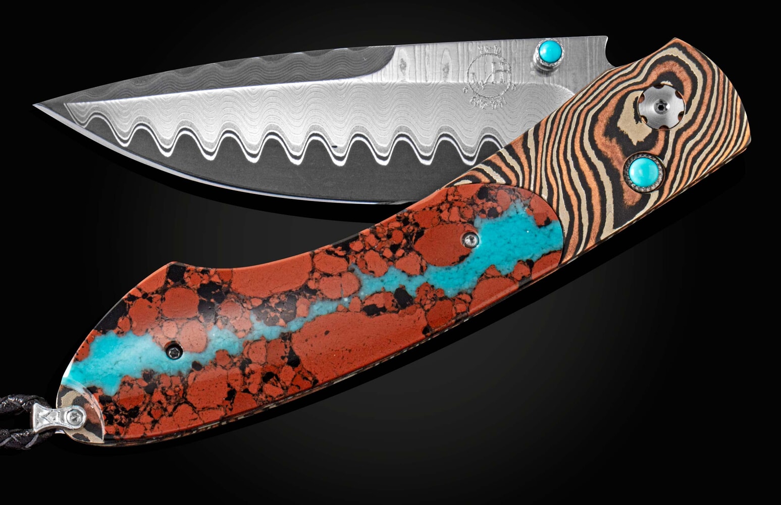William Henry Folding knife with Mokume Gane, lava rock with turquoise, and damascus blade B12 CHUSKA
