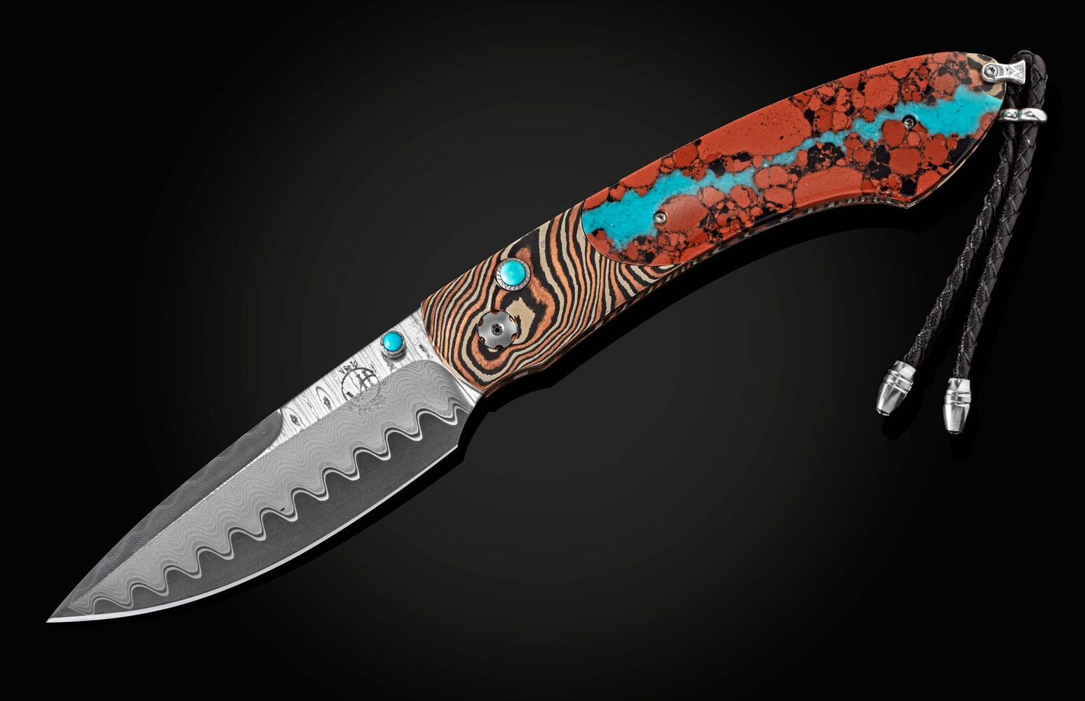 William Henry Folding knife with Mokume Gane, lava rock with turquoise, and damascus blade B12 CHUSKA