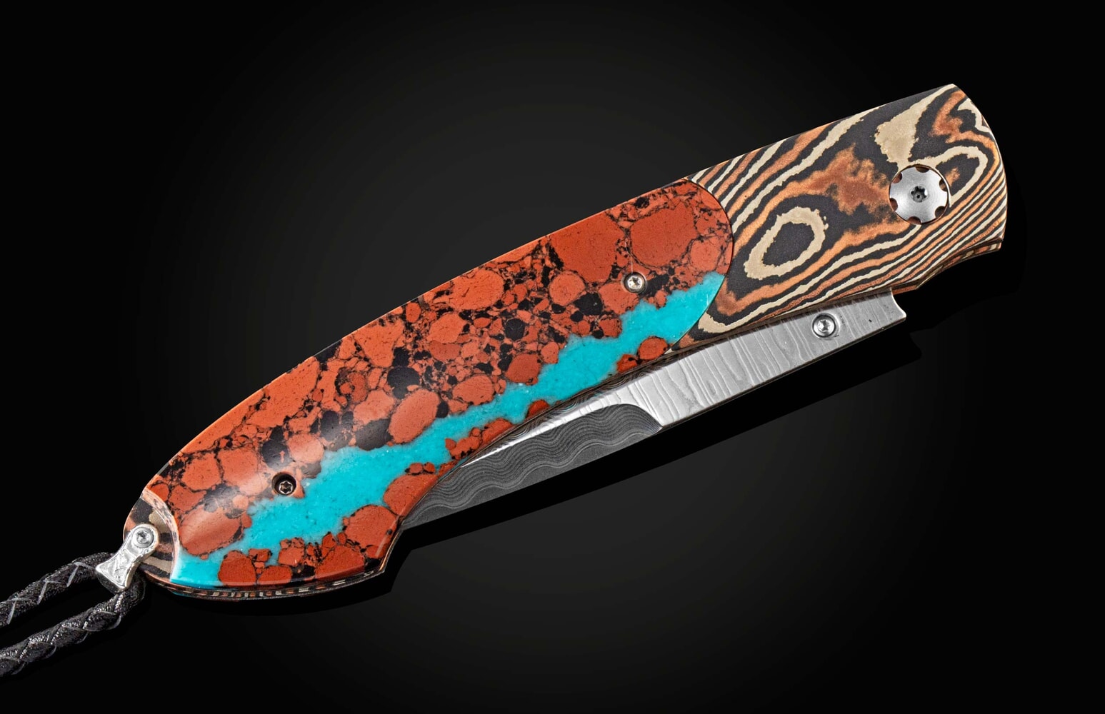William Henry Folding knife with Mokume Gane, lava rock with turquoise, and damascus blade B12 CHUSKA