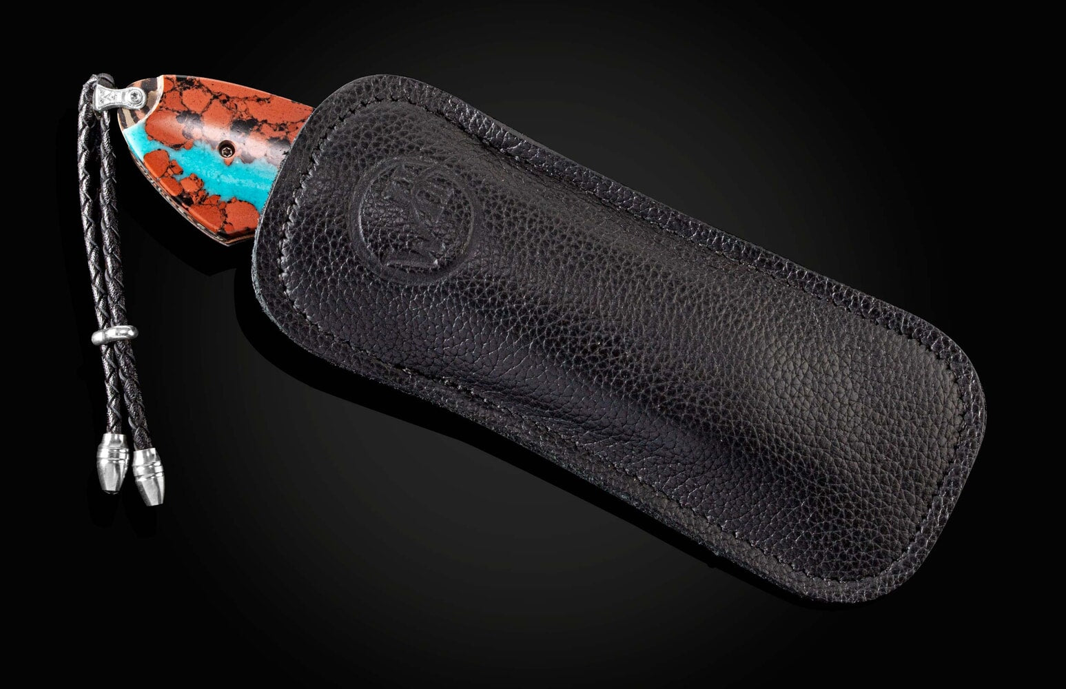 William Henry Folding knife with Mokume Gane, lava rock with turquoise, and damascus blade B12 CHUSKA