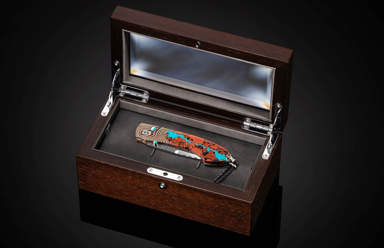 William Henry Folding knife with Mokume Gane, lava rock with turquoise, and damascus blade B12 CHUSKA