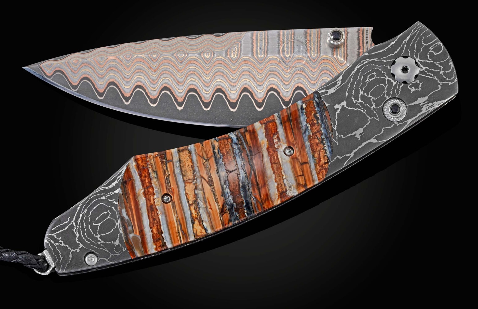 William Henry Pocket knife with hand-forged damascus and woolly mammoth tooth B12 COPPER CURL