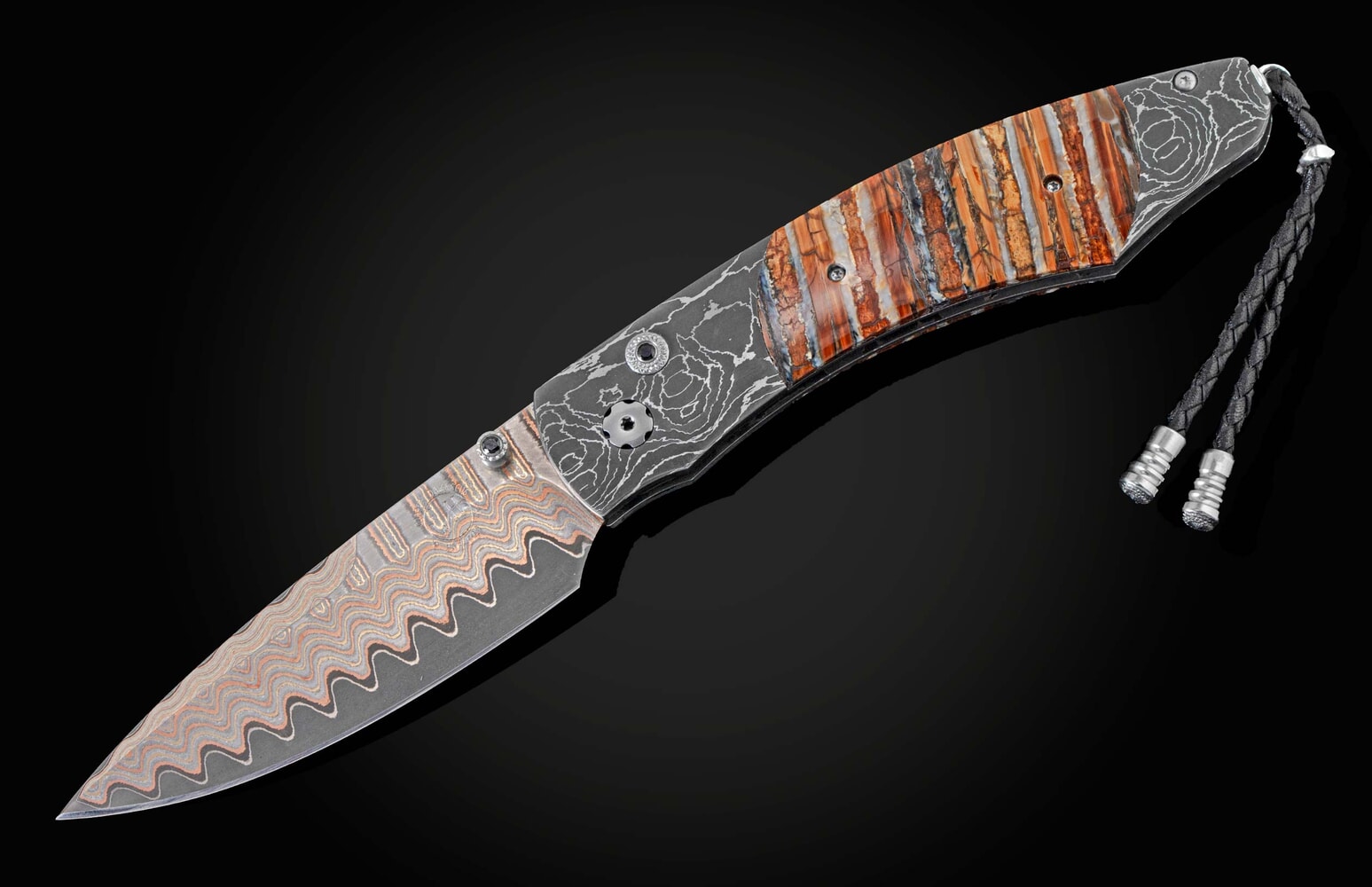 William Henry Pocket knife with hand-forged damascus and woolly mammoth tooth B12 COPPER CURL