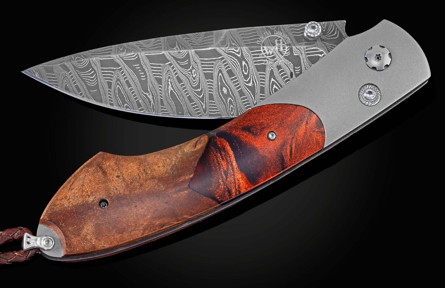 William Henry Folding knife with hand-forged damascus blade, titanium, and hybrid wood-resin scales B12 COPPER SHOCK