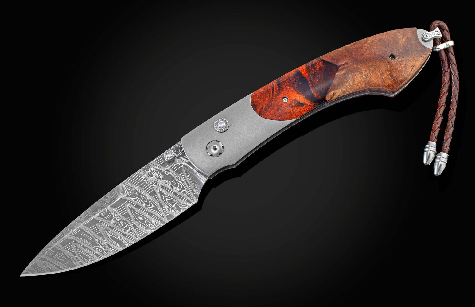William Henry Folding knife with hand-forged damascus blade, titanium, and hybrid wood-resin scales B12 COPPER SHOCK