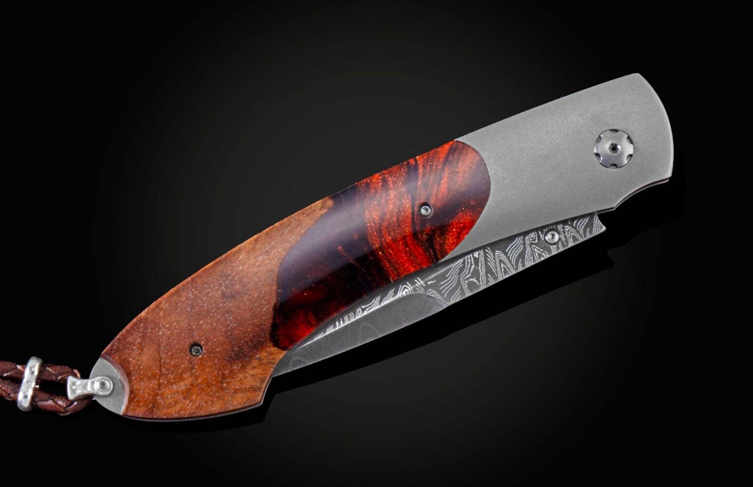 William Henry Folding knife with hand-forged damascus blade, titanium, and hybrid wood-resin scales B12 COPPER SHOCK