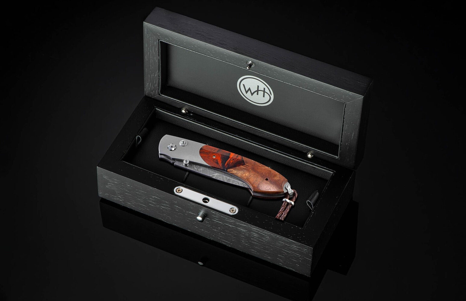 William Henry Folding knife with hand-forged damascus blade, titanium, and hybrid wood-resin scales B12 COPPER SHOCK