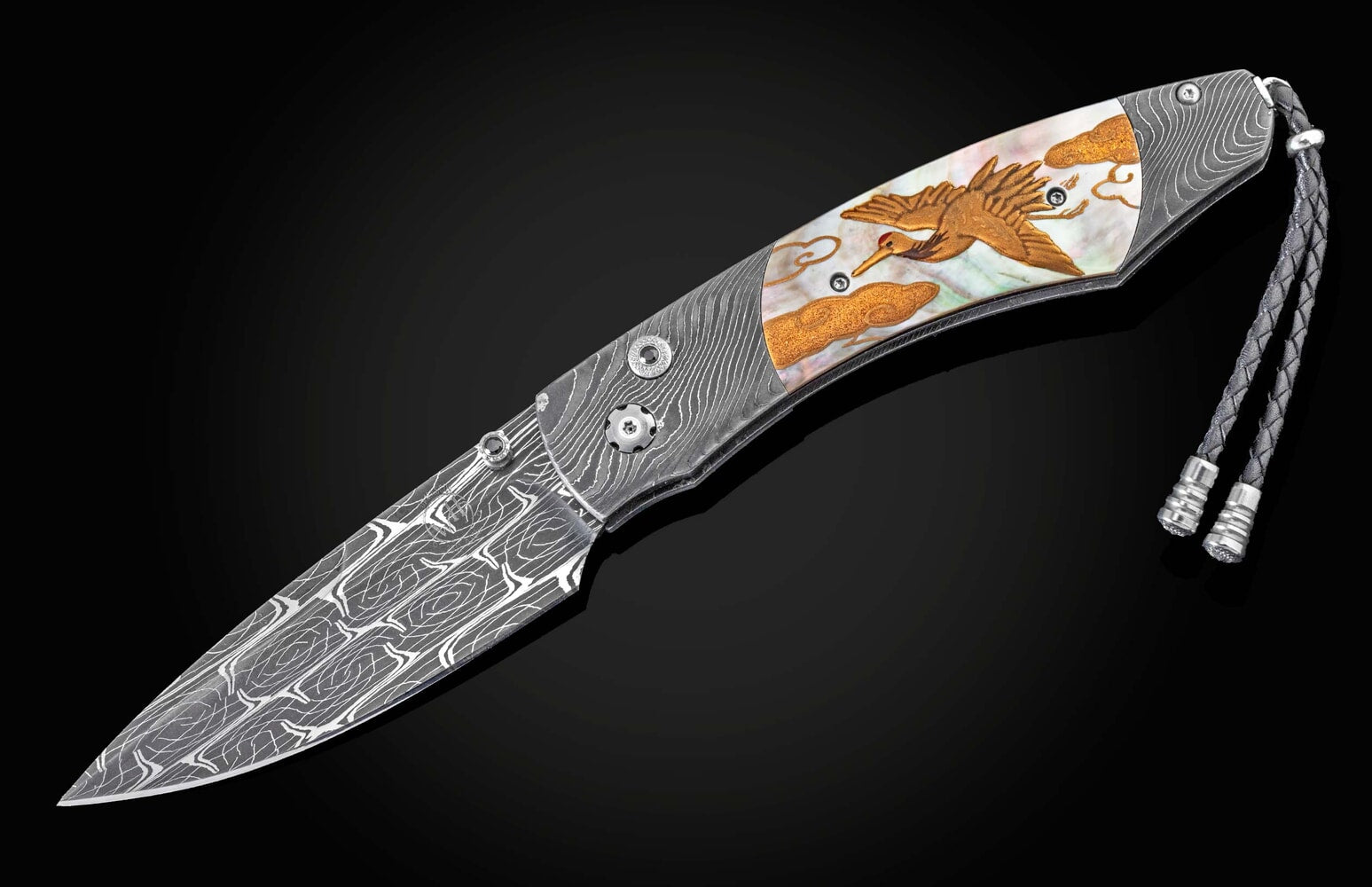 William Henry Hand-forged damascus pocketknife with Maki-e on black lip pearl B12 CRANE