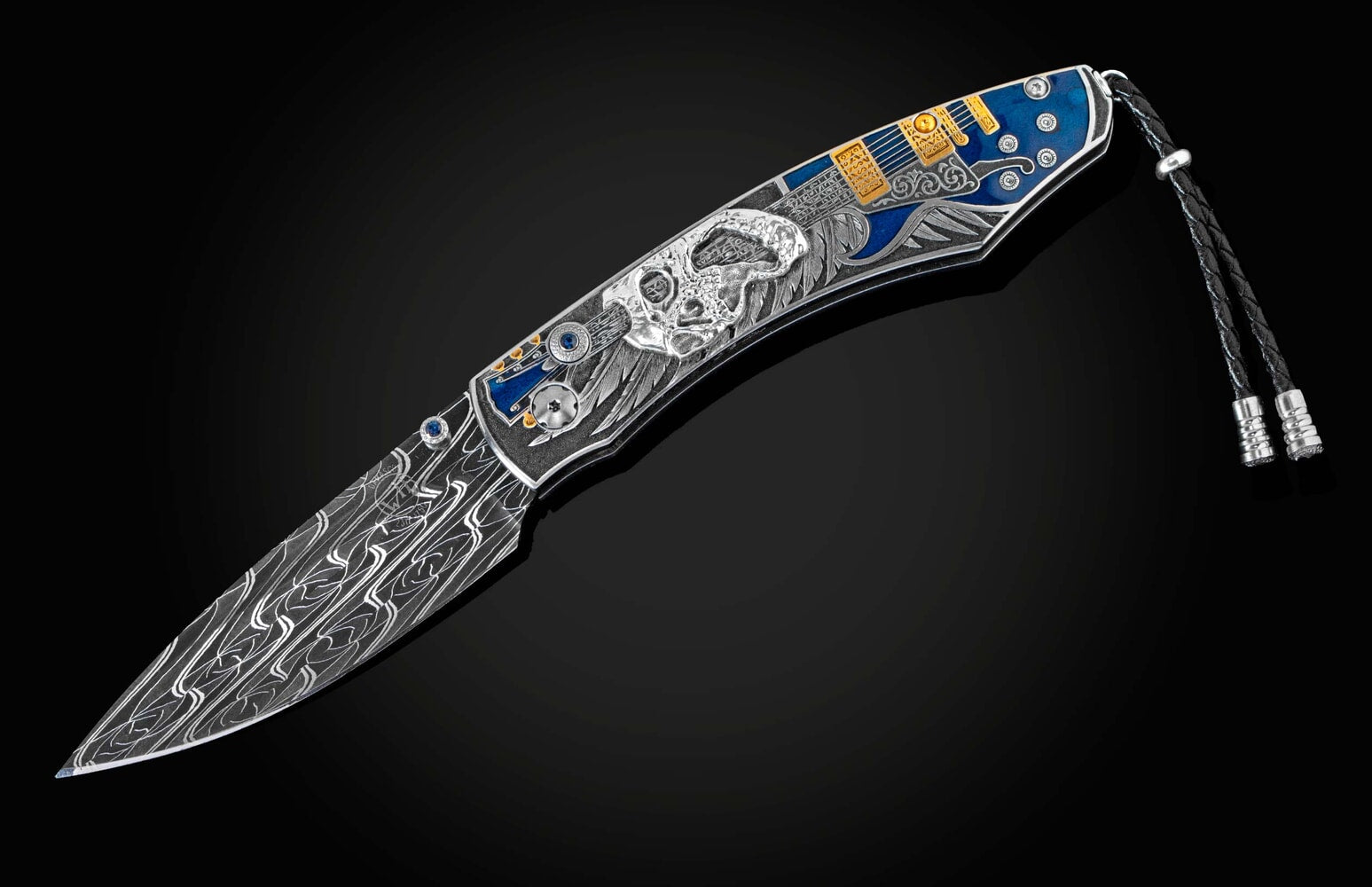 William Henry Hand-engraved stainless folding knife with gold & silver inlays and damascus blade B12 EL DIABLO