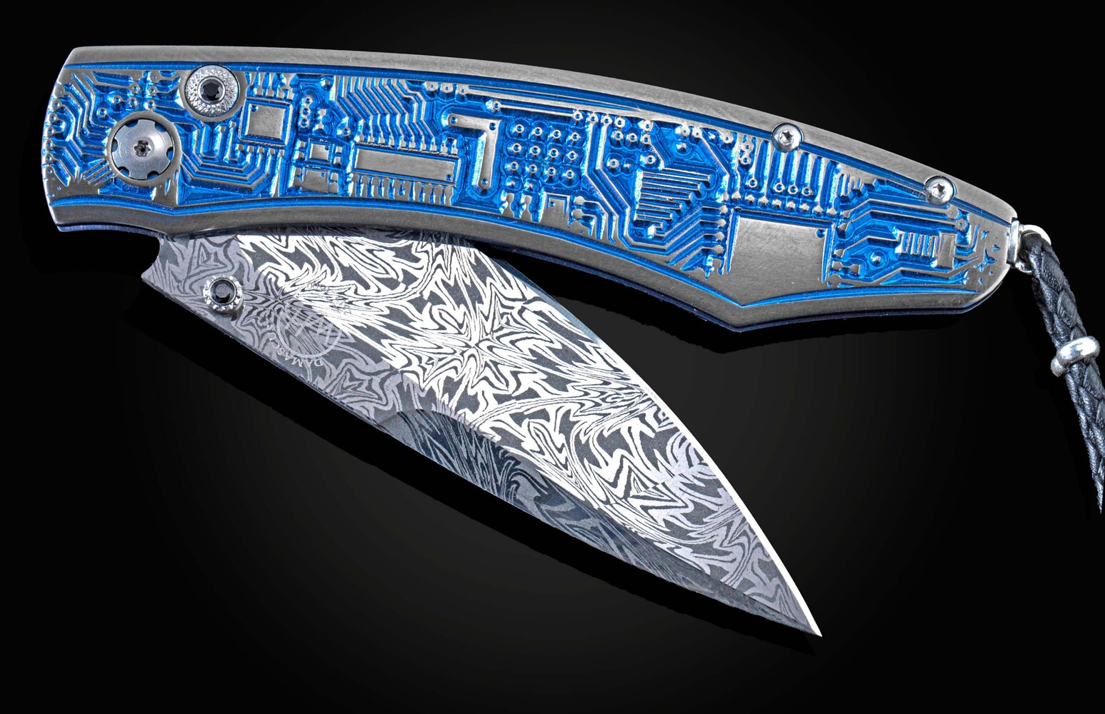 William Henry Folding pocket knife with micro machine engraving, anodizing, and a damascus blade B12 ELECTRON II