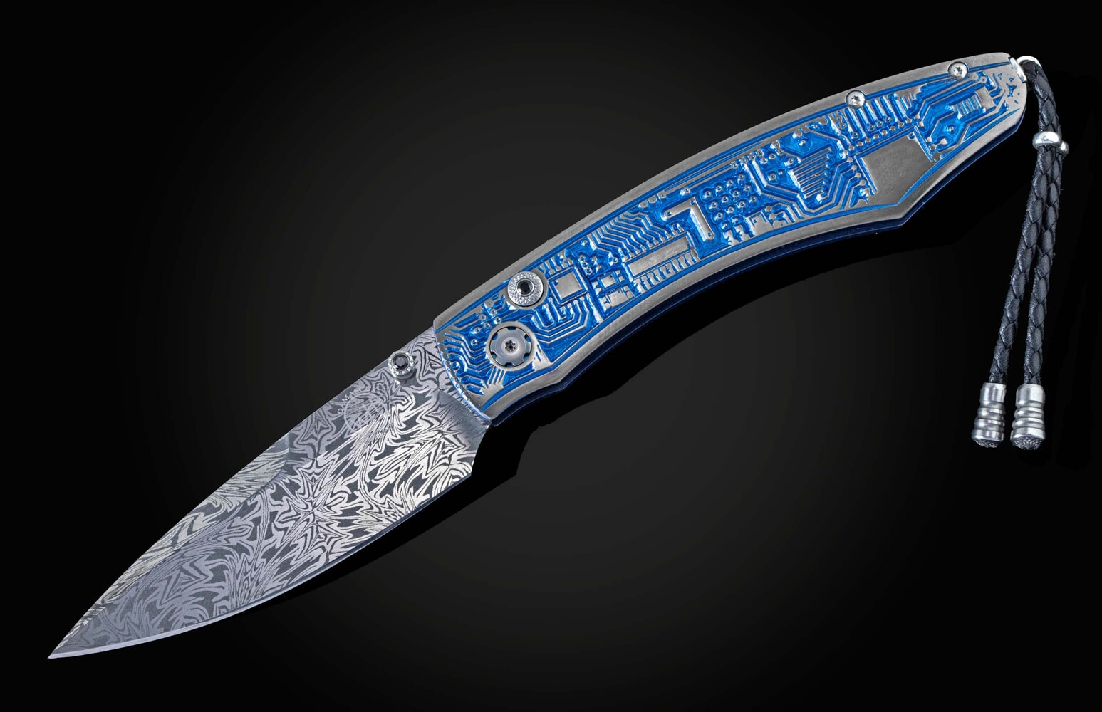 William Henry Folding pocket knife with micro machine engraving, anodizing, and a damascus blade B12 ELECTRON II
