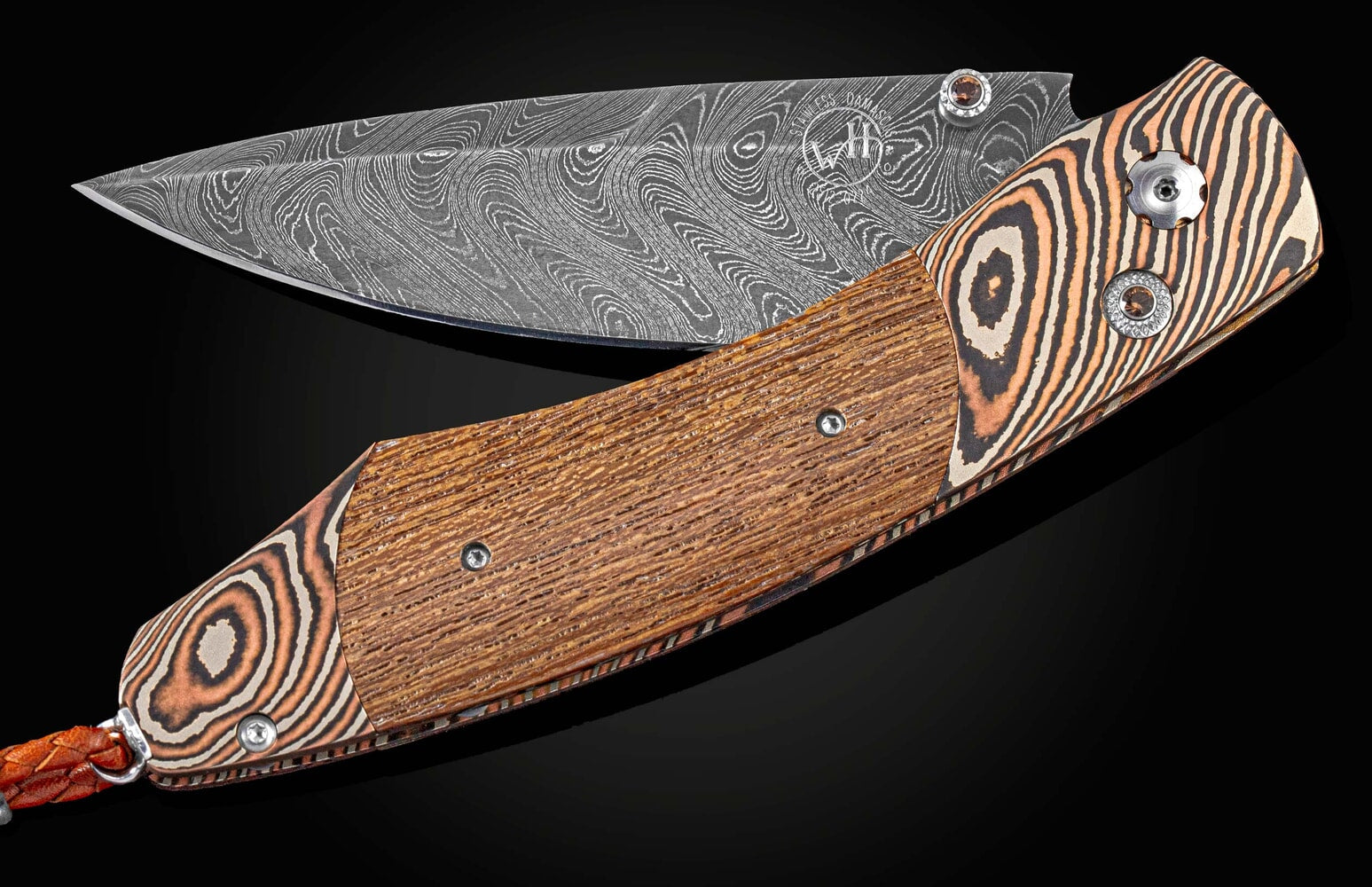 William Henry Hand-forged mokume ganefolding knife with USS California wood B12 FIGHTING SPIRIT