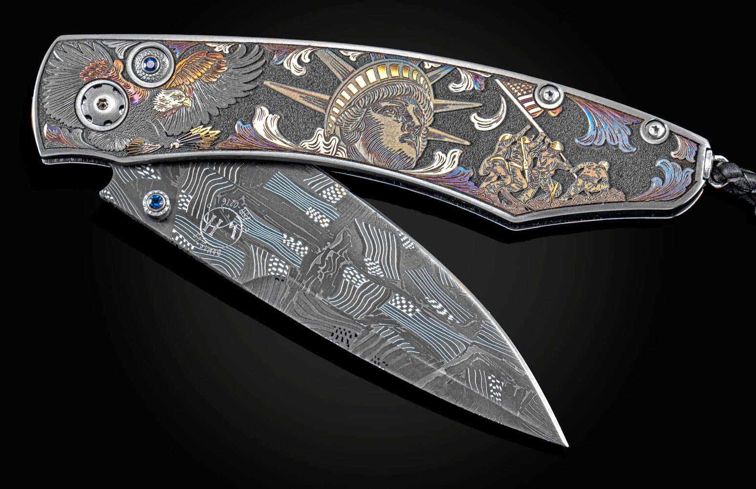 William Henry Color hand and laser-engraved folding knife with hand-forged damascus blade B12 FORGING FREEDOM