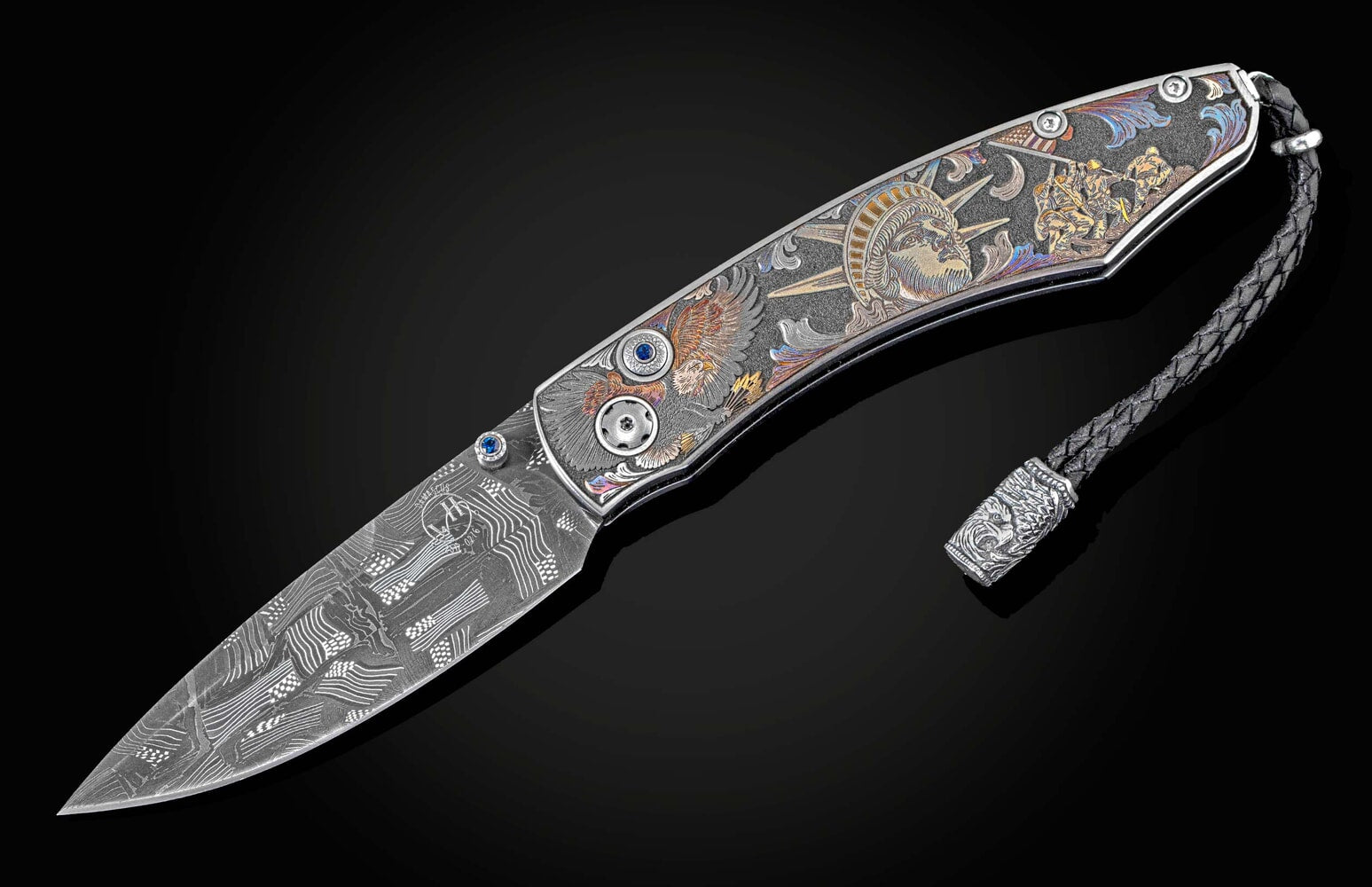 William Henry Color hand and laser-engraved folding knife with hand-forged damascus blade B12 FORGING FREEDOM