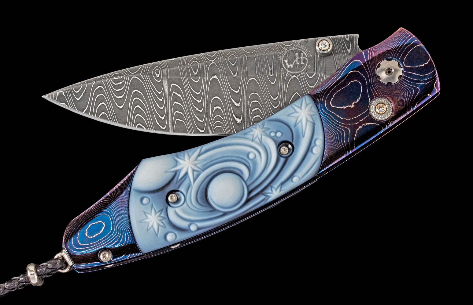 William Henry Pocketknife featuring heat-colored Damascus, carved banded agate, and meteorite Damascus blade B12 GALAXY