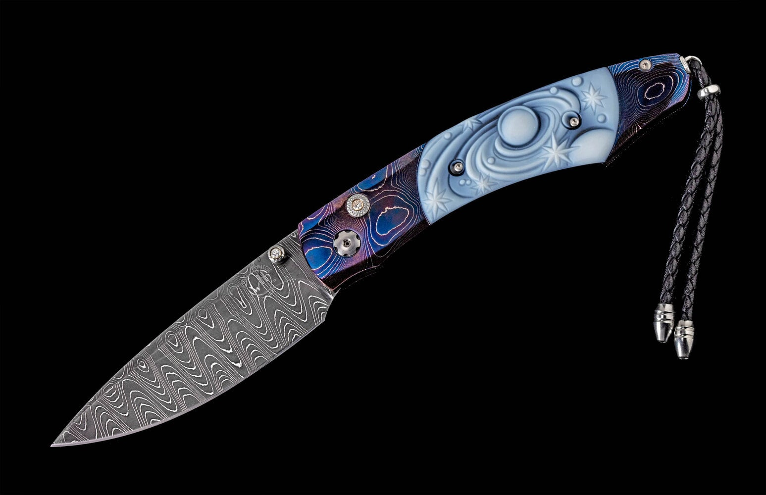 William Henry Pocketknife featuring heat-colored Damascus, carved banded agate, and meteorite Damascus blade B12 GALAXY