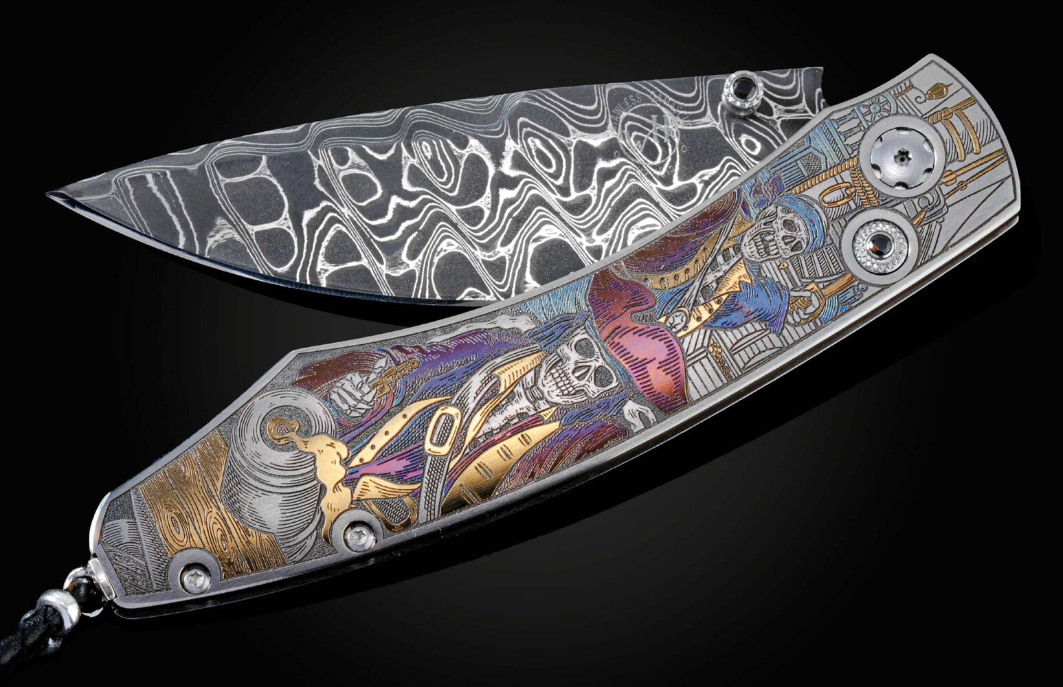 William Henry Color laser-engraved folding knife with hand-forged damascus blade B12 GHOST PIRATES III