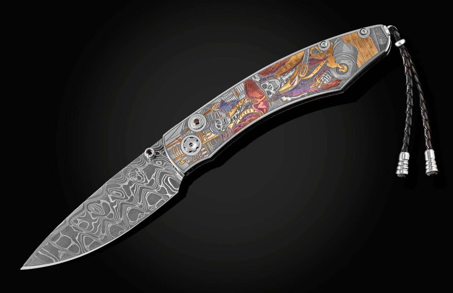 William Henry Color laser-engraved folding knife with hand-forged damascus blade B12 GHOST PIRATES III
