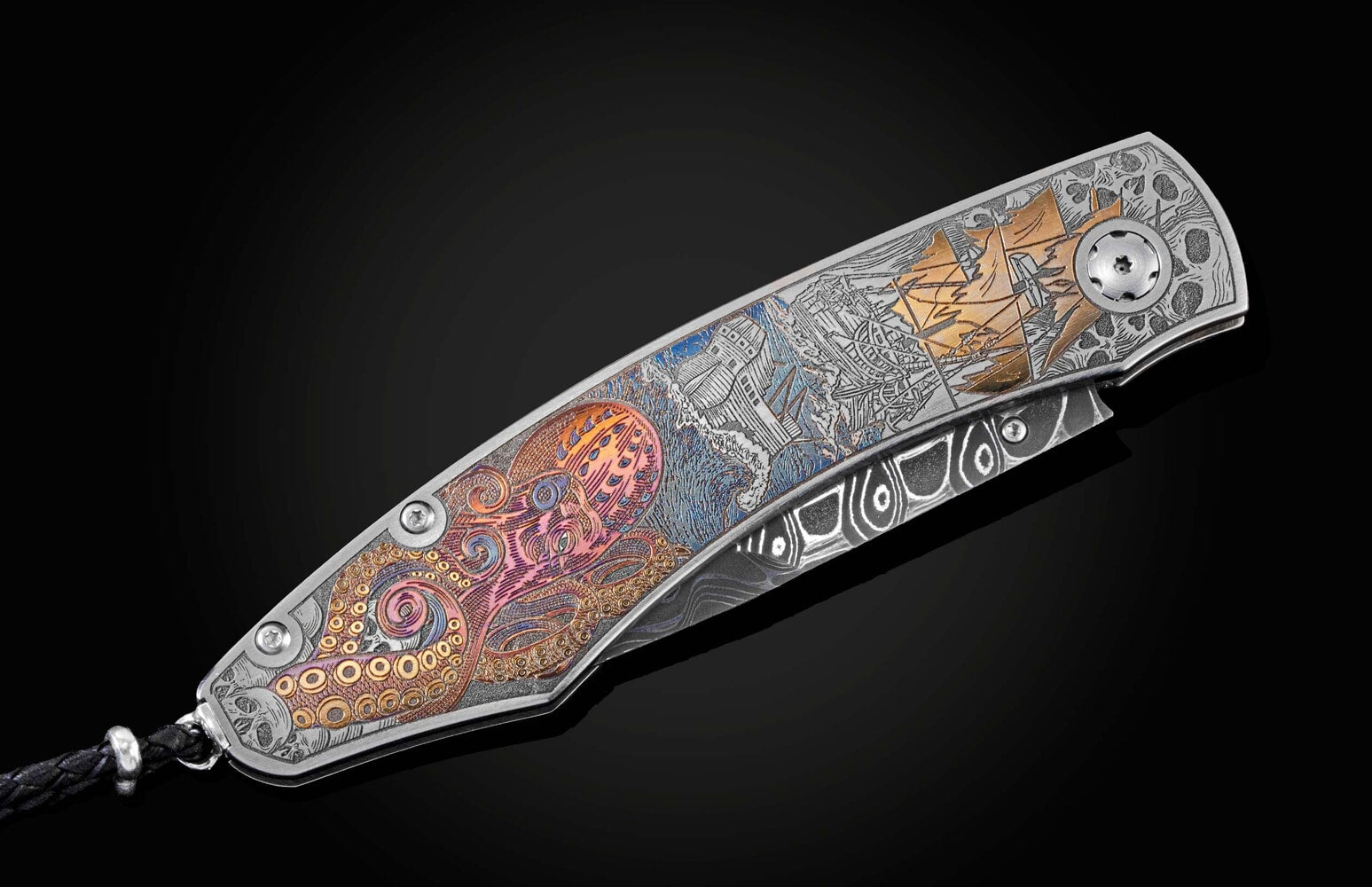 William Henry Color laser-engraved folding knife with hand-forged damascus blade B12 GHOST PIRATES III