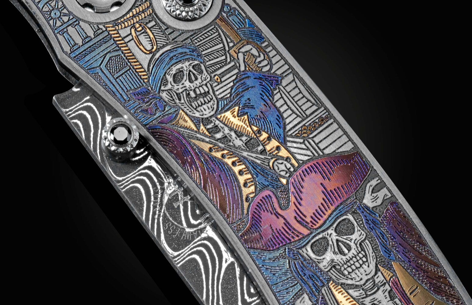 William Henry Color laser-engraved folding knife with hand-forged damascus blade B12 GHOST PIRATES III
