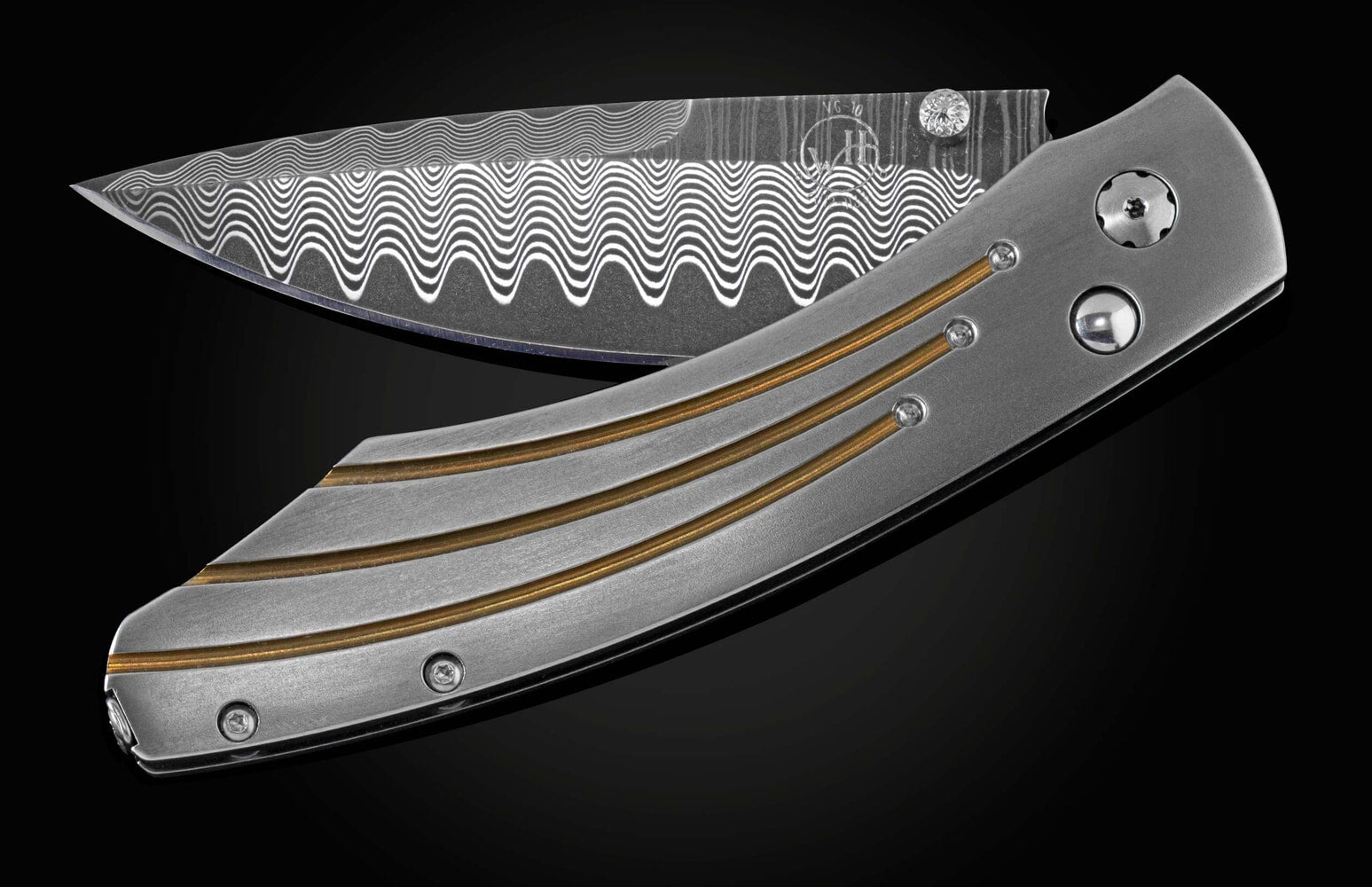 William Henry Titanium pocket knife with VG-10 core 'Wave' damascus B12 GOLDEN ARCH
