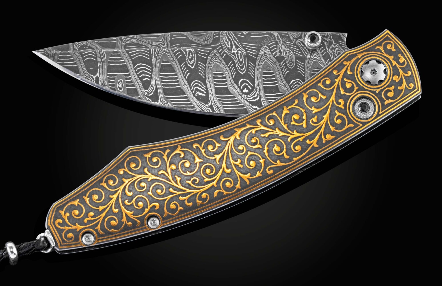 William Henry Pocketknife with hand-inlaid 24K gold Koftgari and hand-forged damascus blade B12 GOLDEN VINE