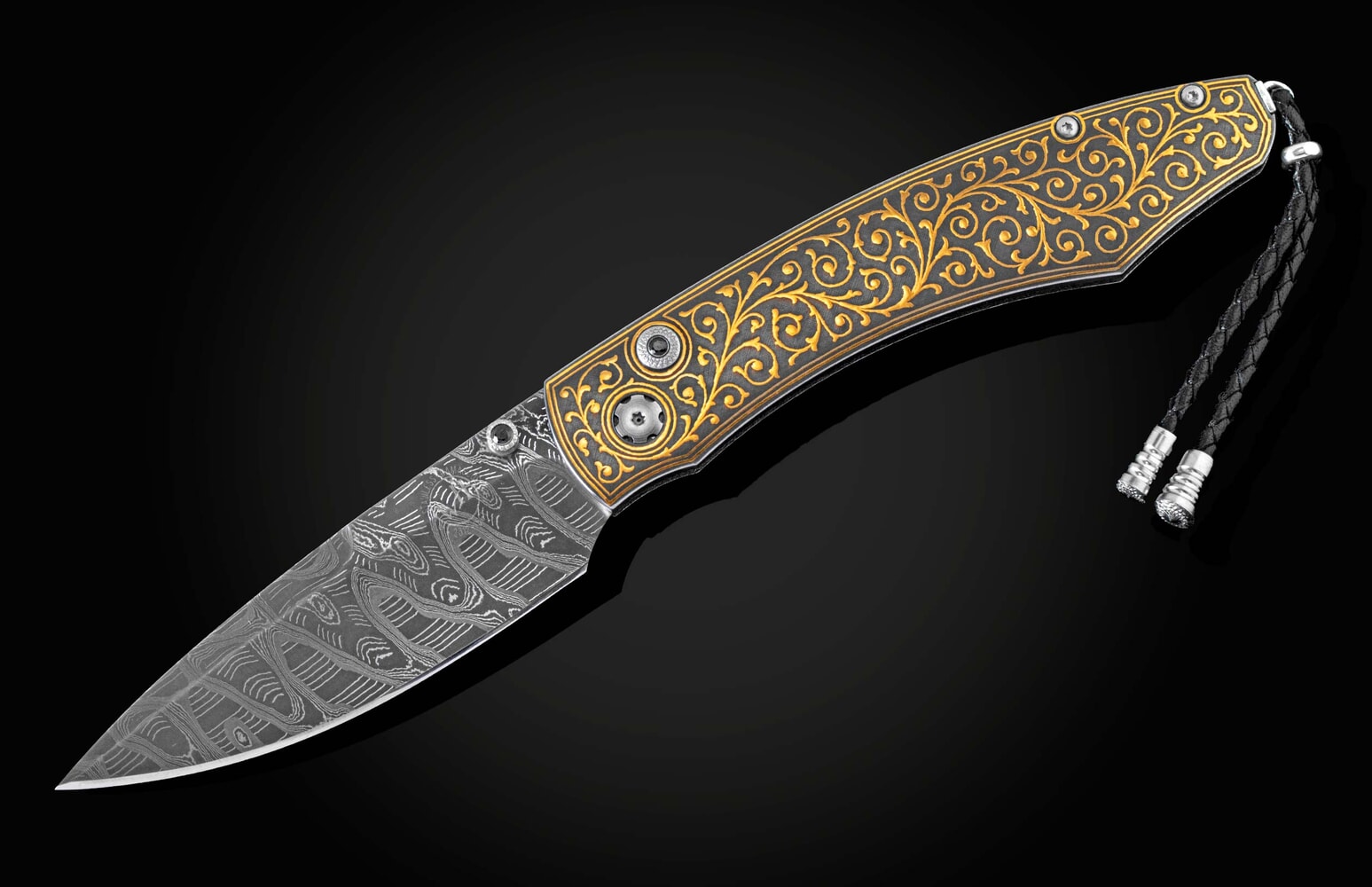 William Henry Pocketknife with hand-inlaid 24K gold Koftgari and hand-forged damascus blade B12 GOLDEN VINE
