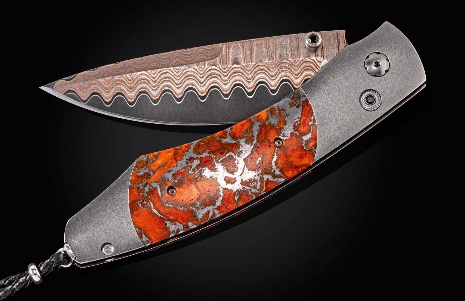 William Henry Titanium pocketknife with zinc-matrix apple coral, and 'copper wave' damascus blade B12 LAGUNA