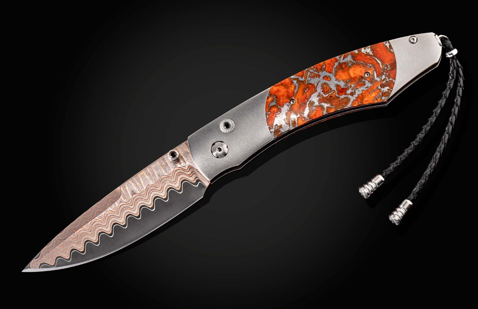 William Henry Titanium pocketknife with zinc-matrix apple coral, and 'copper wave' damascus blade B12 LAGUNA