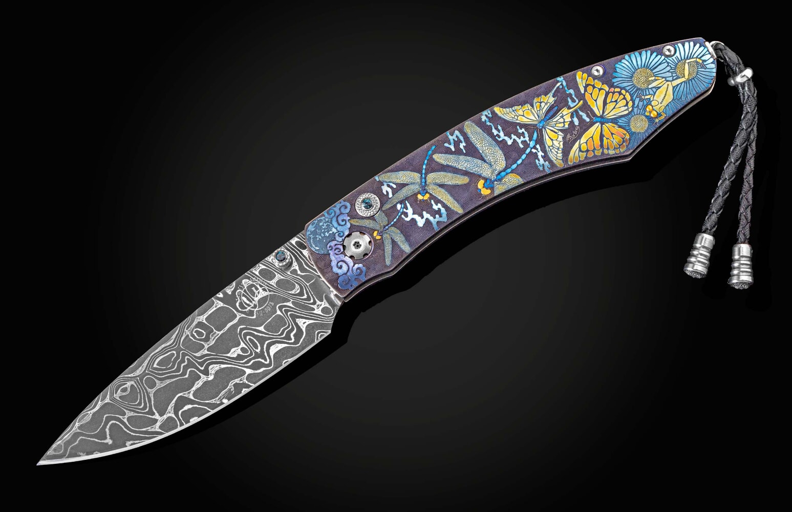 William Henry Hand and laser engraved folding knife with hand-forged damascus B12 MARIPOSA