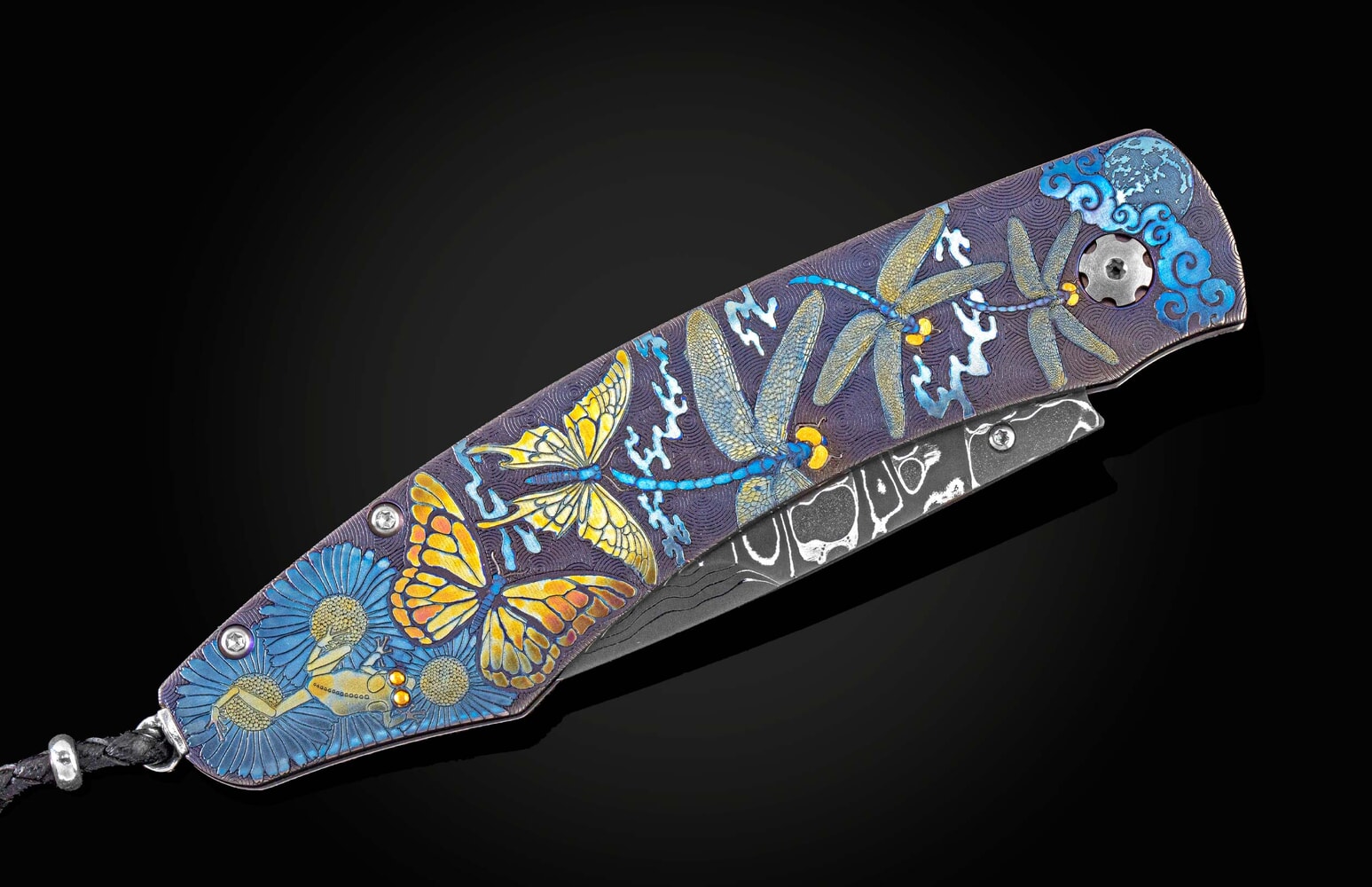 William Henry Hand and laser engraved folding knife with hand-forged damascus B12 MARIPOSA