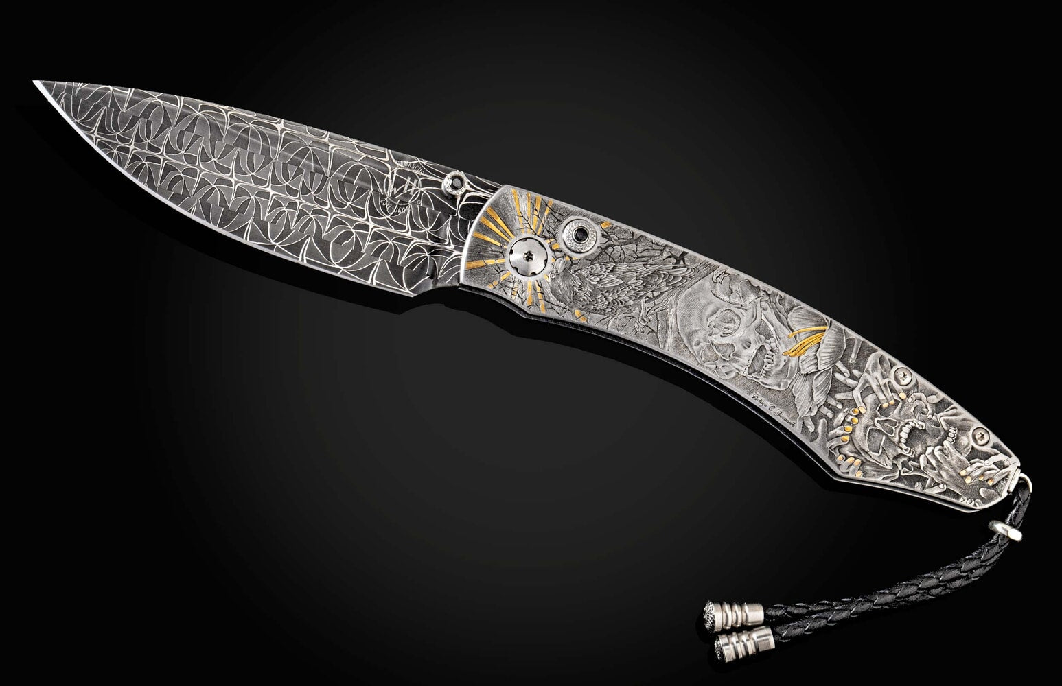 William Henry Hand-engraved stainless folding knife with gold inlays and damascus blade B12 NIGHTMARES