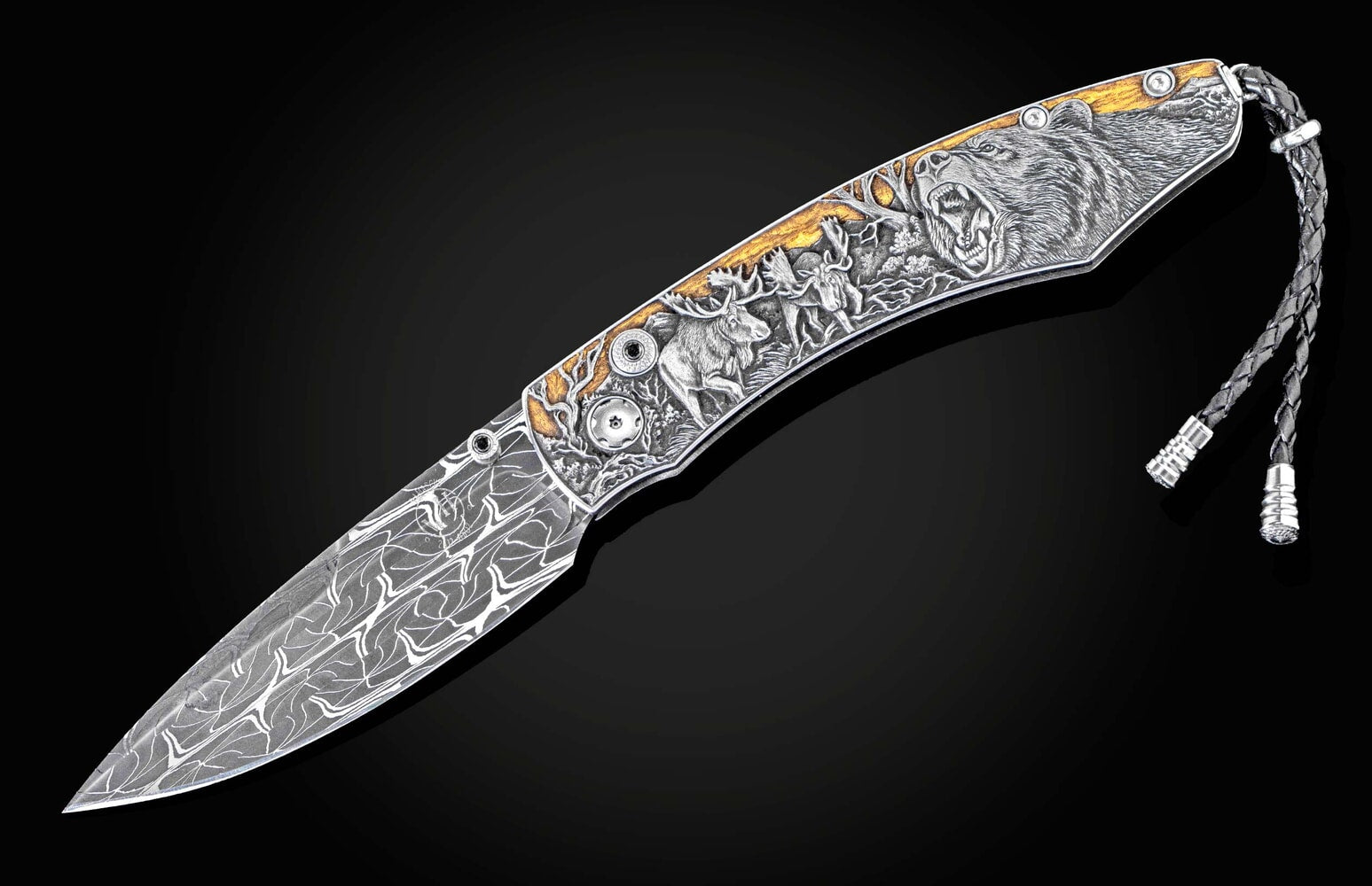 William Henry Hand-engraved folding knife with gold inlays, damascus blade B12 NORTH WOODS