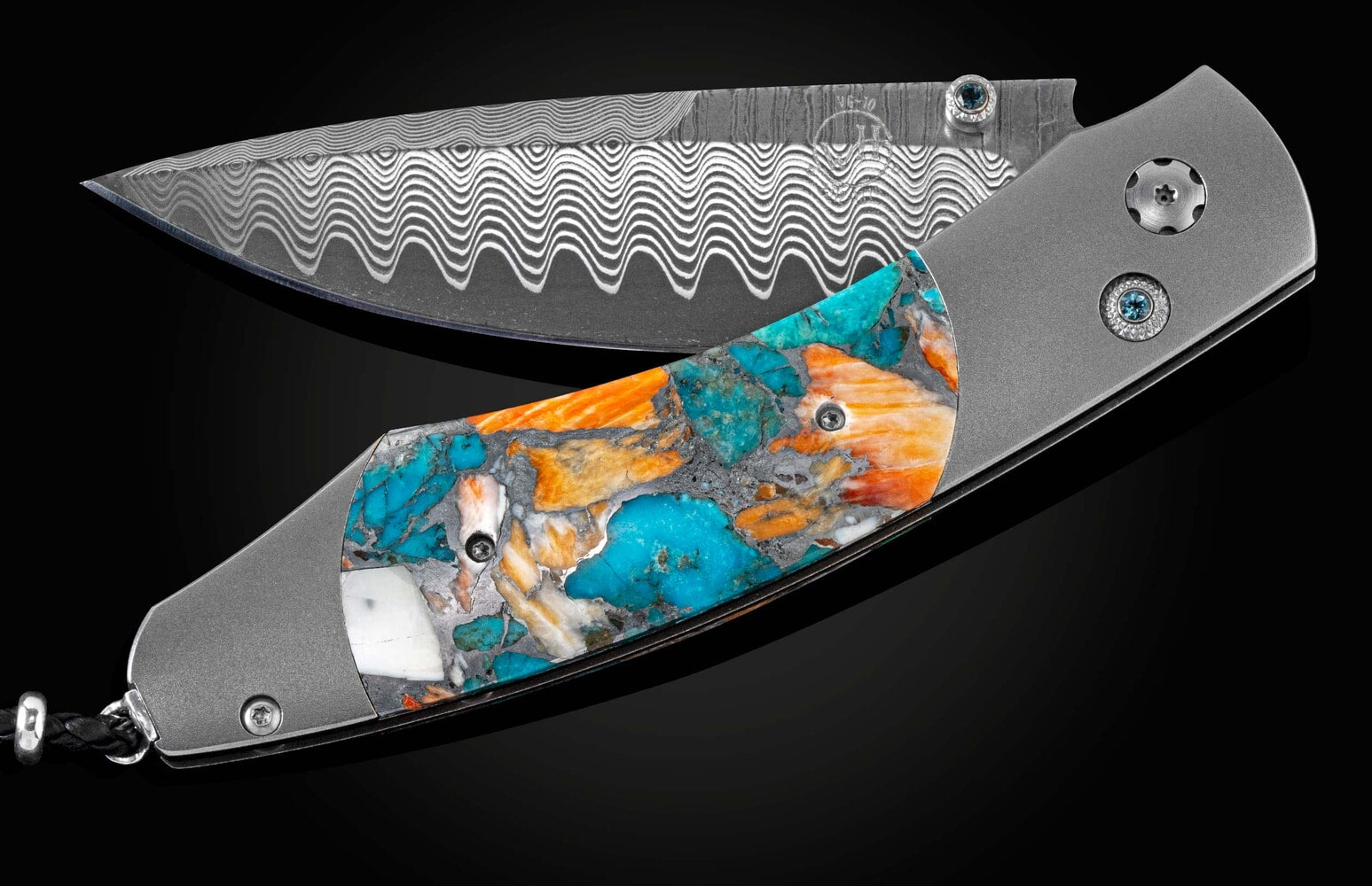 William Henry Titanium pocketknife with turquoise and spiny oyster shell and damascus B12 OCEAN BREEZE